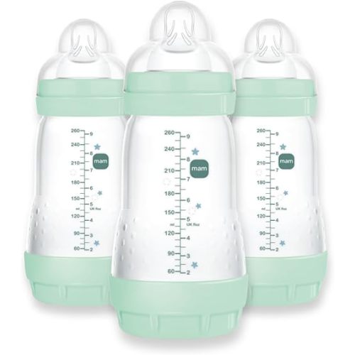 MAM 9oz Easy Start Anti-Colic Baby Bottles, Medium Flow, Breastfeeding-Like Silicone Nipple, Reduces Colic, Gas, & Reflux, Easy-to-Clean, BPA-Free, Baby Bottles for Newborns, 2+ Months