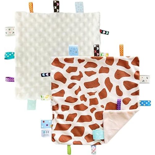 CREVENT Tag Security Blankets for Babies, Soft Small Loveys for Boys, Baby Comforter Sensory Blanket, Great Gifts for Birthday Baby Shower (10"X10" GiraffeDot+Ivory)