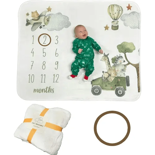 Baby Monthly Milestone Blanket Unisex | Soft Fleece, Safari Design | Newborn Photography Backdrop | Neutral Pastel Colors | 48" x 40