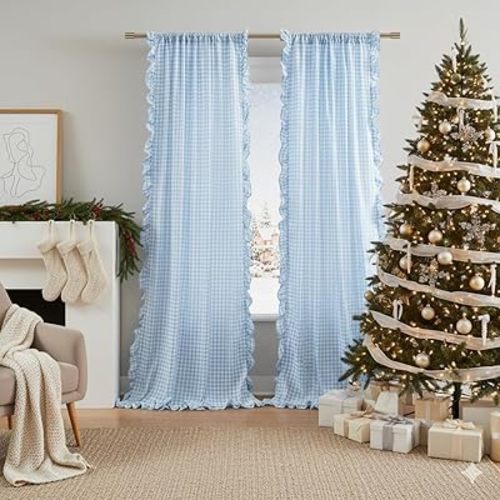 ZJDECOR Buffalo Plaid Ruffle Curtain Panels 90 Inches Long,Baby Blue Crinkled Not-See-Through Sheer Drapes for Kidsroom Bedroom Living Room,Shabby Chic Window Treatment,Rod Pocket,40"Wx90"L(Pack of 2)