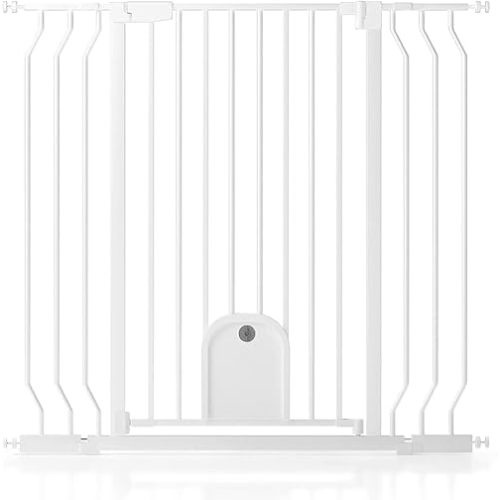 Baby Gate with Cat Door for Stairs - Auto Close & Easy Walk Thru Dog Pet Gates for Stairs 29.5"-43.7" Wide, Doorway, Pressure or Wall Mounted Child Gate Includes 4 Wall Cups 2 Extensions