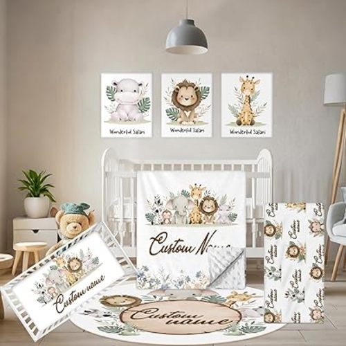 Personalized Baby Bedding Set, 5 Pcs Custom Baby Crib Sets with Name, Animal Safari Toddler Bedding Set for Baby Girls Boys, Double Layer Nursery Bundle, Customized Gifts for Infants Kids