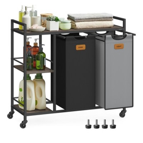 VASAGLE Laundry Hamper with 2 Compartments, 26.4 Gal.  Laundry Sorter, Rolling Laundry Cart with Shelves, Ink Black and Dove Gray
