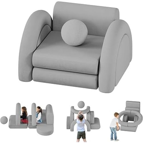 Small Toddler Sofa with Balls and Tunnel, 8PCS Baby Sofa for Kids, Toddler Couch for Kids, Kid Sofas Couch for Toddlers, Mini Child Couchs (Gray)