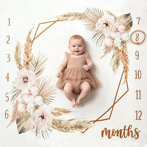 Gicoherero Boho Baby Milestone Monthly Blanket Season Floral Neutral Baby Nursery Growth Gender Reveal Present Photo Props Little Boy Girl Bohemian Blanket Expecting Mom Gift Idea