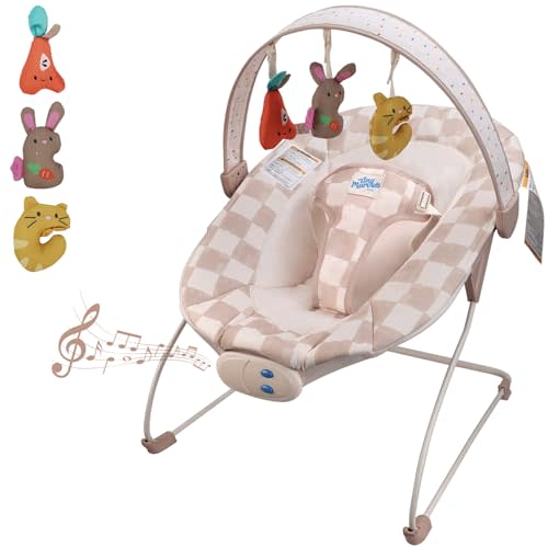 Baby Bouncer – Baby Bouncer seat, Infants Bouncy Seat with Music & Sensory Toys, Compact & Machine Washable Seat Pad Indoor Infant Seat, Ideal for Newborns 0-6 Months, Max Weight 20lbs (Sand Checker)