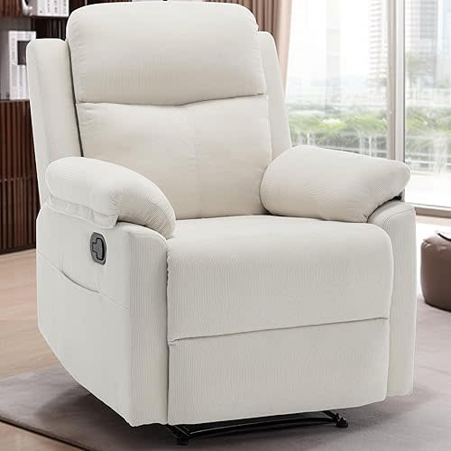 Recliner Chair for Adults, Small Recliner Chair for Small Spaces, Upholstered Manual Recliner with Side Pockets, Corduroy Chair for Living Room or Nursery(White)