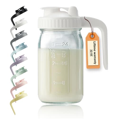32oz Glass Pitcher with Lid & V-shaped Pour Spout - 1 Quart Breastmilk Pitcher Double Leak Proof, Creamer Container for Sun Tea, Juice, Cold Brew Coffee, Breastmilk Storage Container