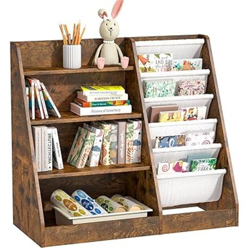 Kids Bookshelf for Bedroom Toddler Children Baby Bookcase 4-Tier for Nursery Book Toy Storage Organizer 5 Sling Book Display Shelf Book Rack Wood Classroom Playroom Rustic Brown