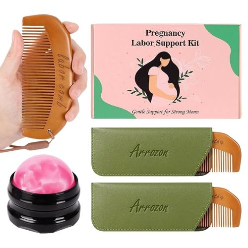 Arrozon 2 Pcs Labor Comb & Massage Roller Ball Kit, Birthing Pregnancy and Hospital Bag Must Haves, PostPartum Home Delivery Essentials, Wooden Birth Comb Pain Relief Baby Shower Gifts for Mom