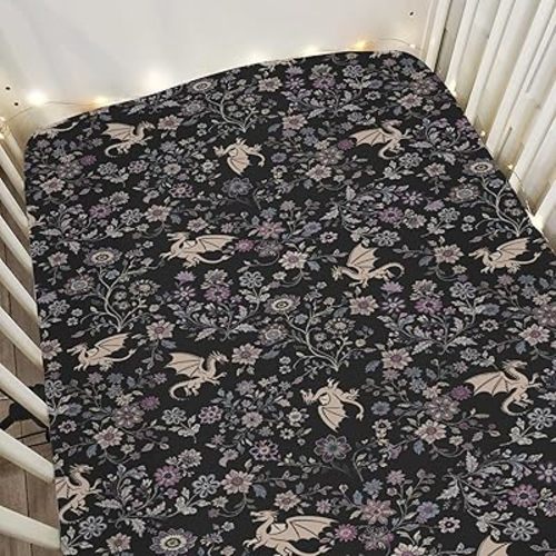 Fantasy Floral Dragons Baby Crib Sheets for Boy Girl 52"x28" Fairytale Dragon Gothic Black Purple Flowers Soft Snug Fitted Crib Mattress Cover Animal Baby Sheet for Standard Crib & Toddler Mattress