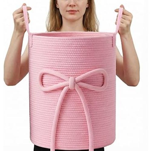 Pink Bow Laundry Basket Large Cotton Rope Storage Basket 16'' x 22'' Woven Laundry Hamper with Handles for Clothes Blanket Pillow Towels Living Room Bathroom Decor