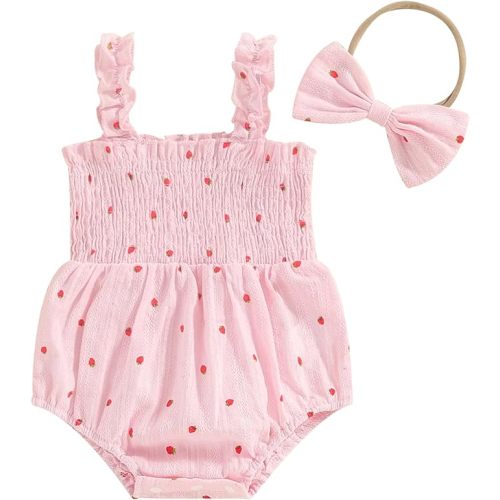 Infant Baby Girl Summer Outfit Clothes Sleeveless Smocked Cotton Linen Romper with Headband