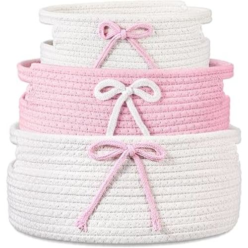 Breling 3 Pieces Coquette Bow Laundry Hamper Cotton Rope Storage Basket Bow Woven Gift Baskets Rope Bin with Handles for Decoration Organization Storage for Nursery, Pet Toy Basket(Pink, White)