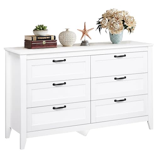 WLIVE White Dresser for Bedroom, 6 Drawer Wood Dresser with Metal Handle, Large Double Wooden Chest of Drawers for Living Room, Hallway, Closet