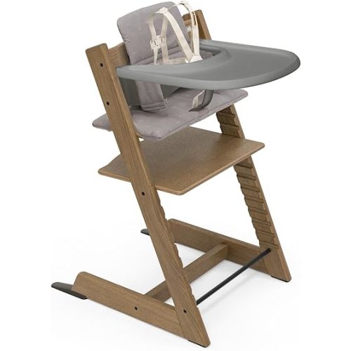 Stokke Tripp Trapp Oak High Chair 2 (Brown), Cushion 2 (Icon Grey) + Stokke Tray (Storm Grey) - Includes Chair + Baby Set 2 with Removable Harness for Children 6-36 Months