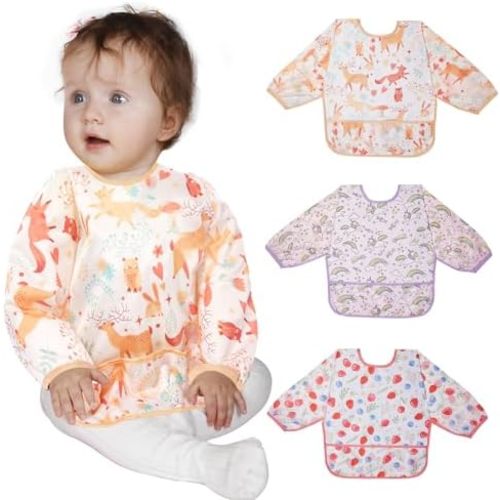 3 Pcs Baby Bibs,Waterproof Long Sleeve Bibs for Toddlers, Adjustable Closure Baby Smock for Boys and Girls
