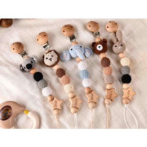 Custom Pacifier Holder With Crocheted Animal,Personalized Name Pacifier Clip,Wooden Dummy Clip,Soother Clip,Baby Shower Gift,Newborn Gift