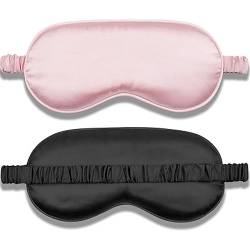 Amrules 2 Pack Silk Sleep Mask Set Adjustable, Blush Pink & Black