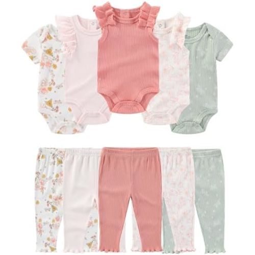 Baby Girl Bodysuit and Pant Set Cotton Ribbed Mix Summer Infant Girls Clothes Outfits 0-12 Month