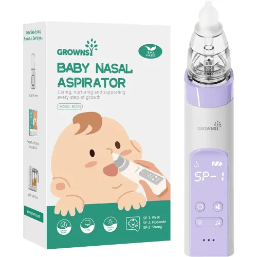 GROWNSY Nasal Aspirator for Baby, Electric Baby Nose Sucker, Automatic Nose Cleaner with 3 Silicone Tips, Adjustable Suction Level, Music and Light Soothing Function, Purple