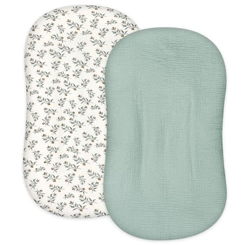 Hooyax Muslin Baby Lounger Cover 2 Pack, Organic Removable Lounger Slipcover for Newborn, Baby Padded Lounger Infant Floor Seat Covers for Boys Girls (Light Green & Leaf)
