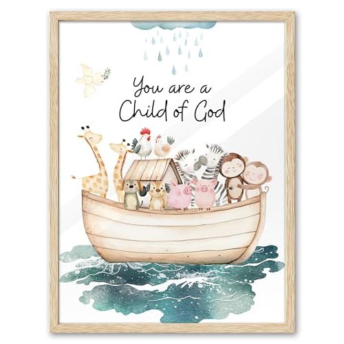 KensTro Natural OAK Wood Noah Ark Framed Wall Art, 12x16 in Being Loved By God,Ark Guardian Animal Christian Bible Verse Canvas Art,You Are a Child of God,Set of 1 Decor Painting for Children's Space
