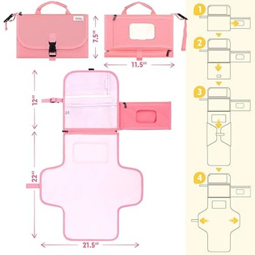 Portable Diaper Changing Pad, Portable Changing pad for Newborn Girl & Boy - Baby Changing Pad with Smart Wipes Pocket – Waterproof Travel Changing Kit - Baby Gift by Kopi Baby - Pink - Classic
