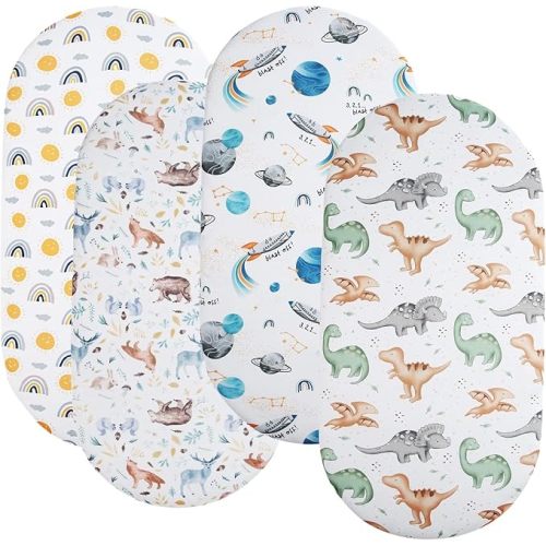 Bassinet Sheets 4 Pack Compatible with SNOO Smart Sleeper, Dream On Me Lacy Portable and Safety 1st Sleeper Bassinet,Stretchy Ultra Soft Sun/Forest Deer/Space/Dinosaur