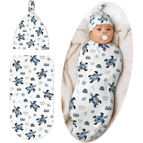 Lcokin Sea Turtle Baby Stuff Swaddle Blanket Set with Beanie Hat for Boys and Girls Shower Gift