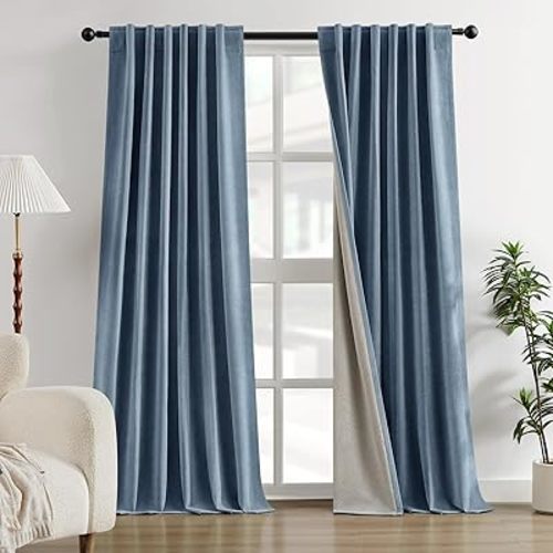 HOMEIDEAS Full Chenille Blackout Curtains for Bedroom Haze Blue Curtains 96 Inch Length 2 Panels for Living Room Thermal Insulated Black Out Grommet Window Drapes, W52 x L96