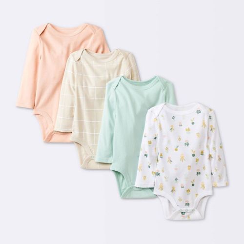 Baby Girls' 4pk Long Sleeve Bodysuit - Cloud Island™ Khaki Newborn