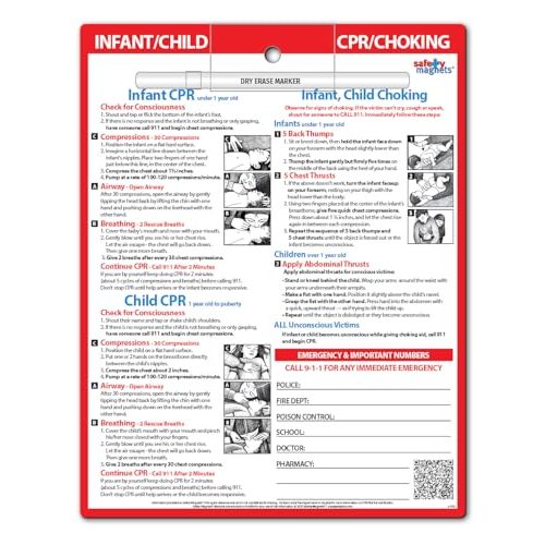 Infant and Child CPR and Choking Fridge Magnet — Emergency Phone Numbers — Laminated Card with Marker, 8.5" x 11" — by Safety Magnets