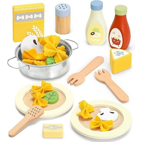 Pasta Food Toys, Wooden Play Kitchen Food , Play Food with Pots and Pans Playset, Kids Pretend Play Kitchen Accessories Toys Set for Girls Boys 3+Years Old