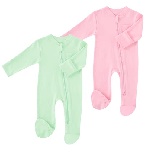 HahaNice Baby 2 Way Zipper Girls Boys 100% Cotton Footed Sleep and Play with Mitten Cuffs 0-12 Months