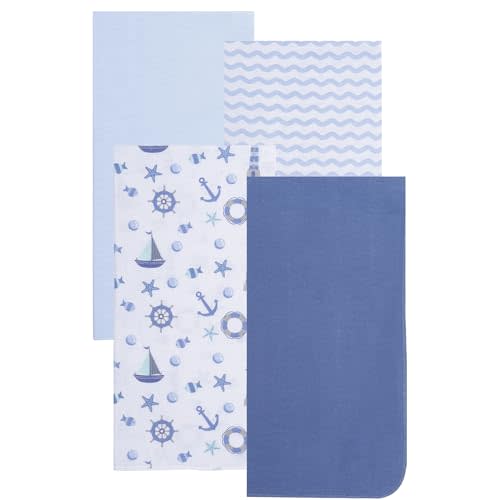 EVERYDAY KIDS 4 Pack of Soft Flannel Receiving Baby Blanket Set for Boys; Blue Baby Swaddle Blankets for Newborn Baby Boy Nursery with Ocean Animals, Sailboats, Lighthouses, Wavy Stripes Prints