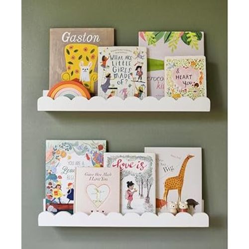 Floating Nursery Book Shelves Wall | Pair of 24in Scalloped White Nursery Book Shelves for Kids Room | Cloud Shelves | Easy to Install Baby Bookshelf for Nursery | Nursery Shelves for Wall