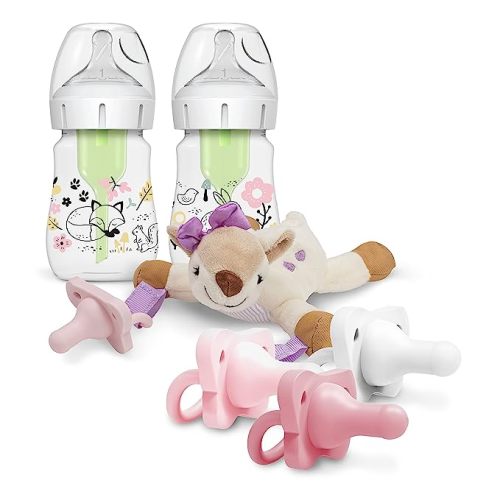 Dr. Brown’s Wide-Neck Baby Bottle Woodland Designer Bottles, 5 oz/150 mL, 2-Pack with HappyPaci Pacifiers and Lovey Holder, Deer : Baby