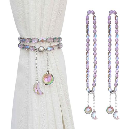 Magnetic Curtain Tiebacks, 2 Pack Crystal Beaded Sun & Moon Pendants Sheers/Draperies Holdbacks for Window Home Office Decor (Purple)