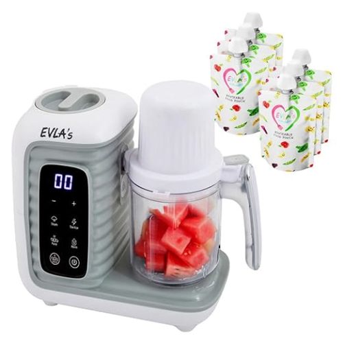 EVLA'S Double Baby Food Maker with 2 Steaming Baskets, Steamer, Blender, Grinder, Food Processor, Cook & Blends Healthy Baby Food in Minutes, Touch Screen, with 6 food pouches, White