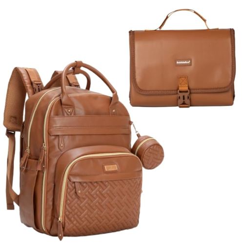 BabbleRoo Vegan Leather Portable Changing Pad Brown & Basic Diaper Bag Brown
