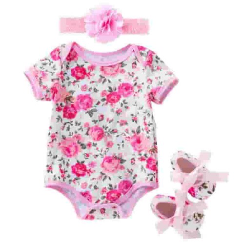 Baby Bodysuit Girls Short Sleeved Floral Pattern Headband Shoes Outside Jumpsuit Clothes Baby Girl Romper B 3 Months-6 Months