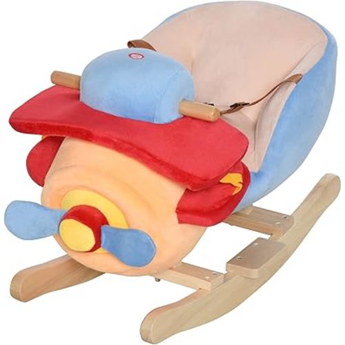 Qaba Kids Rocking Horse, Wooden Plush Ride-on Plane Chair Toy with Lullby Song and Seat Belt for 18 Month +