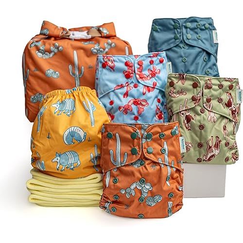 Kinder Cloth Diapers Reusable Baby Diapers Pocket Style Athletic Wicking Jersey, Bamboo Viscose Inserts, Wet Bag, Newborn to Potty Training 7-60lbs, One Size (Western Wildlife, 5 Pack, with Inserts)