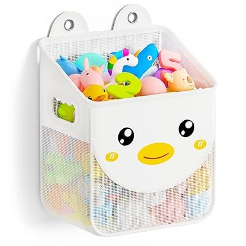 Quick Fetch Way Bath Toy Storage, Cute Mesh Bath Toy Organizer, Large Capacity and Large Opening Baby Bathtub Toy Holder for Tub, Multipurpose Mesh Shower Bag (White)