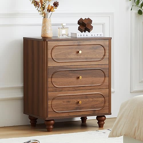 3 Drawer Fluted Dresser for Bedroom, Mid Century Modern Chest of Drawers, Wood Storage Small Dresser Organizer for Bedroom Living Room Hallway Closet, Walnut