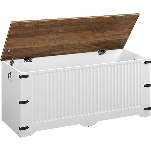 HOOBRO Storage Bench, Toy Box Organizer, Toy Chest with Safety Hinge, Farmhouse Style Storage Chest, 39.3 x 15.7 x 17.7 Inches for Living Room, Bedroom, Entryway, White and Walnut WH26CW01