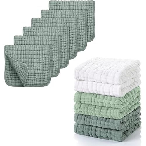 Looxii Muslin Burp Cloths 6 Pack 20x10 in & 6 Pcs Muslin Baby Washcloths 12x12 in