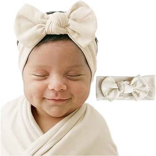 Caden Lane Baby Headwrap with Knotted Bow, Soft & Stretchy Bamboo Viscose, Comfortable Infant Hairband for Newborn & Toddler Girls, Ideal Gift for Baby Shower & Milestone Celebration, Oat Beige