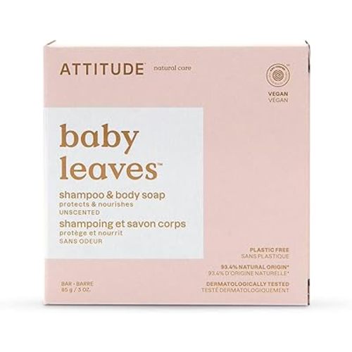 ATTITUDE Baby Plastic-Free Shampoo and Body Soap Bar, EWG Verified, Dermatologically Tested, Vegan, Unscented, 3 Ounces
